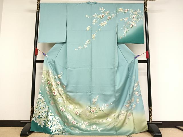 平和屋着物●螺鈿作家　藤本隆士　訪問着　枝花文　暈し染め　金銀彩　ロング丈　正絹　逸品　AAAZ3310np