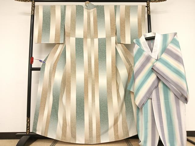 平和屋着物●上質な小紋　長襦袢(無双仕立て)セット　縞　墨流し文様　夢二　正絹　逸品　未使用　AAAZ3332np