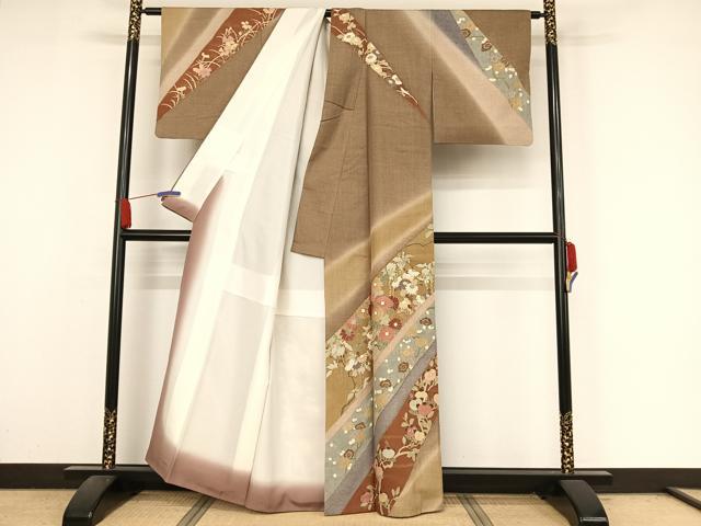 平和屋着物○訪問着 紬地 刺繍 枝花文 金彩 正絹 逸品 CAAW3924vf