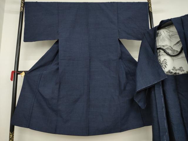 平和屋着物●男性　結城紬　アンサンブル　杢　色無地　藍鉄色　反端付き　正絹　逸品　未使用　AAAZ3782ck