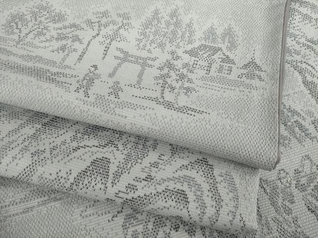 平和屋着物●本塩沢　人物風景文　暁鼠色地　正絹　逸品　AAAZ3807ck