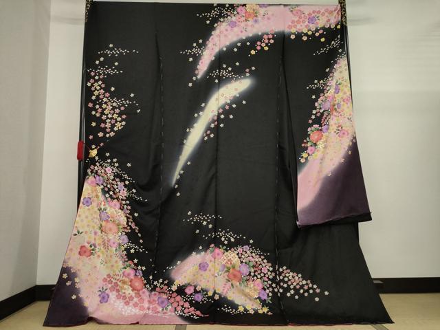 平和屋着物●豪華振袖　辻が花　雪輪花文　暈し染め　黒地　金彩　仮絵羽　逸品　未使用　AAAZ3828ck