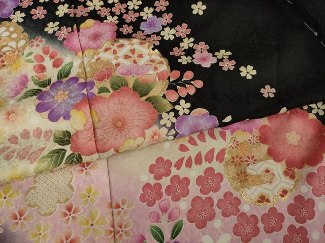 平和屋着物○豪華振袖 辻が花 雪輪花文 暈し染め 黒地 金彩 仮
