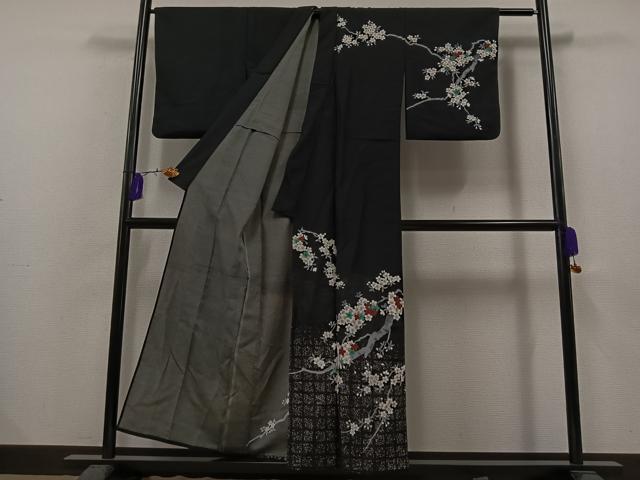 平和屋着物▽訪問着 単衣 桜 黒地 銀彩 洗える着物 AAAZ3972jh