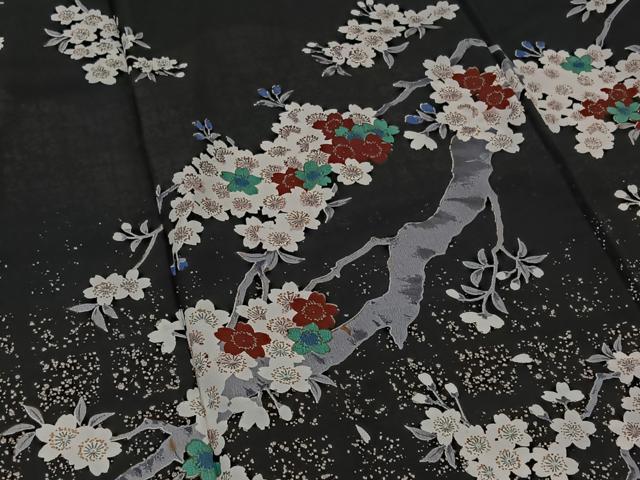 平和屋着物▽訪問着 単衣 桜 黒地 銀彩 洗える着物 AAAZ3972jh