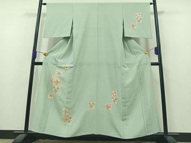 平和屋着物▽訪問着　単衣　格子更紗花文　金彩　正絹　逸品　AAAZ3996jh