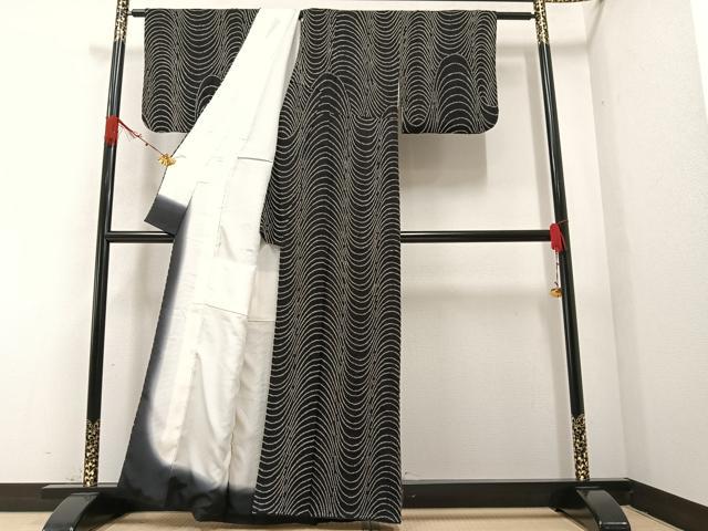 平和屋着物○上質な小紋 絞り 波 黒地 正絹 逸品 AAAZ4487ph 平和屋着物