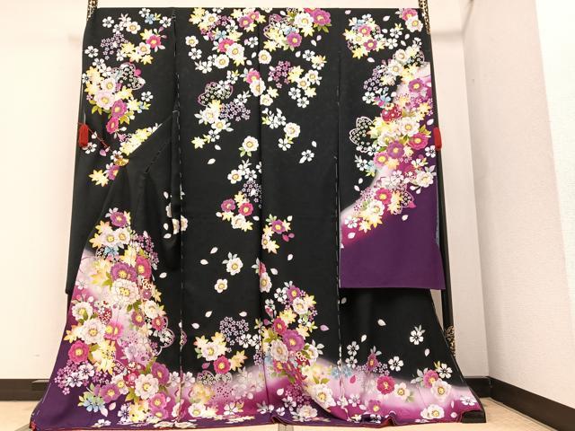 平和屋着物●豪華振袖　京友禅　花毬文　暈し染め　黒地　丹後ちりめん　仮絵羽　逸品　未使用　AAAZ4525ph