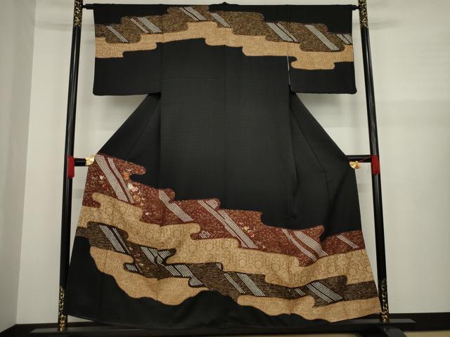 平和屋着物●訪問着　絞り　中国三大刺繍　汕頭刺繍　スワトウ刺繍　エ霞取り吉祥花文　黒地　金彩　正絹　逸品　AAAZ4820ck