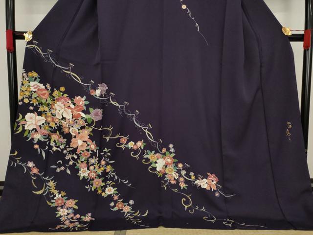 平和屋着物○京友禅の第一人者 松井青々 訪問着 駒刺繍 草花文 ロング