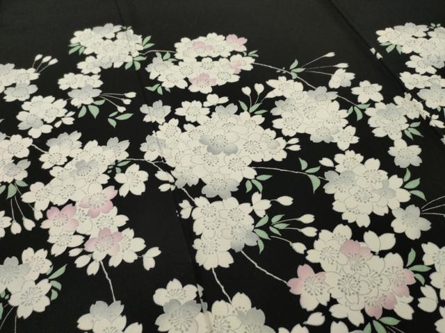 平和屋着物○訪問着 枝花文 暈し染め 黒地 銀彩 正絹