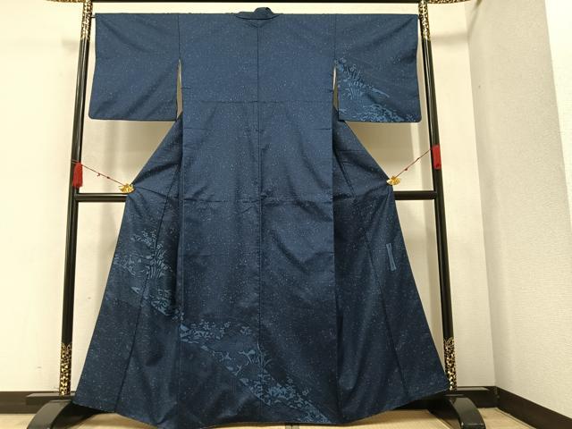 平和屋着物●藍染作家　喜多野良造　本場染大島紬　訪問着　流水草花文　正絹　逸品　AAAZ4891ph