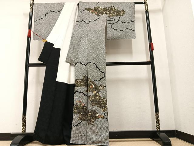 平和屋着物○訪問着 絞り 刺繍 草花文 黒地 金彩 正絹 逸品 AAAZ4927ph