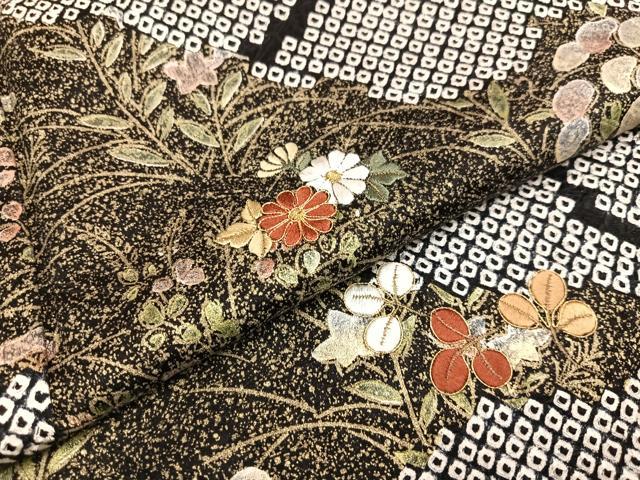 平和屋着物●訪問着　絞り　刺繍　草花文　黒地　金彩　正絹　逸品　AABA3771ph 平和屋着物○訪問着 絞り 刺繍 草花文 黒地 金彩 正絹 逸品 AABA3771ph