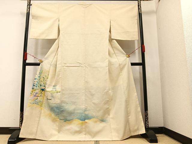 平和屋着物●訪問着　紬地　手描き　人物風景樹林文　正絹　逸品　AAAZ4931ph