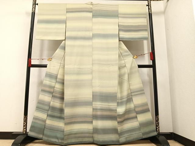 平和屋着物●訪問着　横段文　紬ちりめん　正絹　逸品　AAAZ5069ph