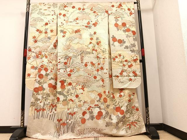 平和屋着物□豪華振袖 駒刺繍 草花文 金彩 正絹 逸品 AAAO4481cg