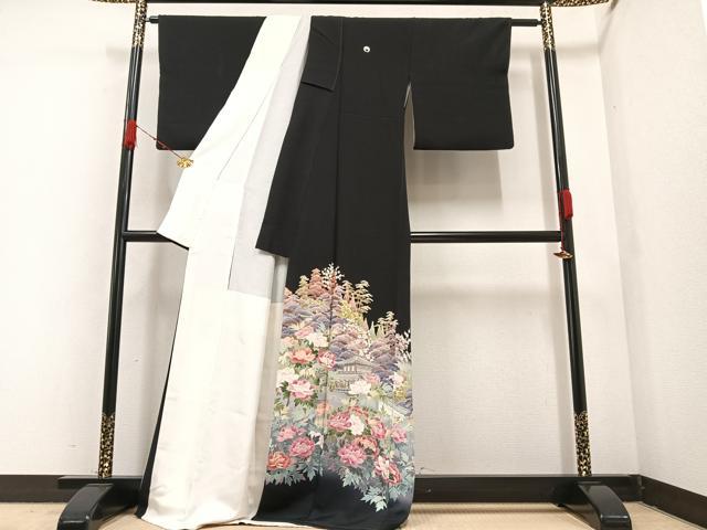 平和屋着物○十日町友禅作家 岡村蒼風 黒留袖 風景草花文 暈