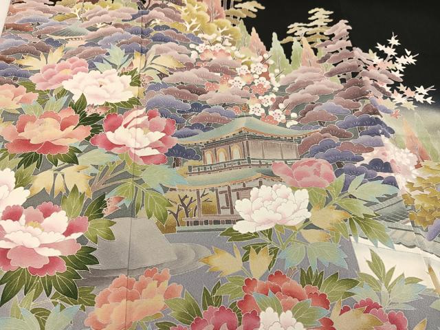 平和屋着物○十日町友禅作家 岡村蒼風 黒留袖 風景草花文 暈