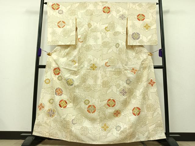 平和屋着物▽訪問着　単衣　駒刺繍　七宝花文　金糸　正絹　逸品　AAAZ5709jh