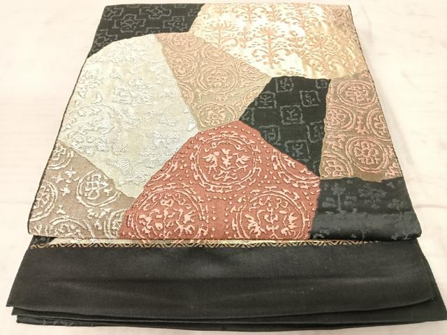 平和屋着物◎六通柄袋帯 切嵌花文 黒地 金銀糸 正絹 逸品 AAAZ5979yxの