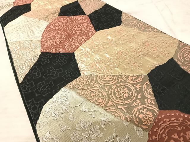 平和屋着物◎六通柄袋帯 切嵌花文 黒地 金銀糸 正絹 逸品 AAAZ5979yxの