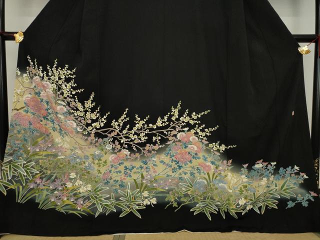 平和屋着物○本加賀友禅作家 浅野冨治男 黒留袖 枝花文