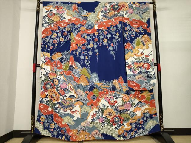 平和屋着物●紅型　振袖　吉祥風景花文　正絹　逸品　AAAZ7197ck