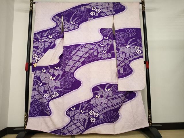 平和屋着物●豪華振袖　総絞り　駒刺繍　流水草花文　正絹　逸品　AABA8276ck