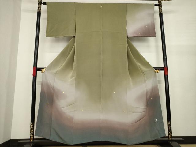 平和屋着物●人形作家・ホリヒロシ　訪問着　流水箔散らし文様　暈し染め　金彩　鬼しぼ縮緬　正絹　逸品　AAAZ7214ck