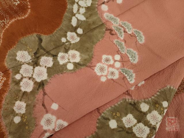 平和屋着物○十日町 名門 滝泰謹製 訪問着 絞り 道長梅松文 金彩