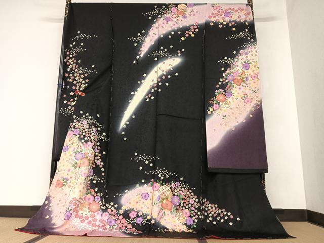 平和屋着物●豪華振袖　雪輪花文　暈し染め　黒地　金彩　仮絵羽　逸品　未使用　AAAZ7299zg