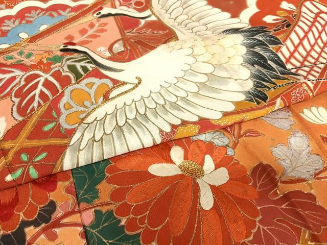 平和屋着物○アンティーク 大正ロマン 振袖 駒刺繍 御所車飛鶴花文 黒地