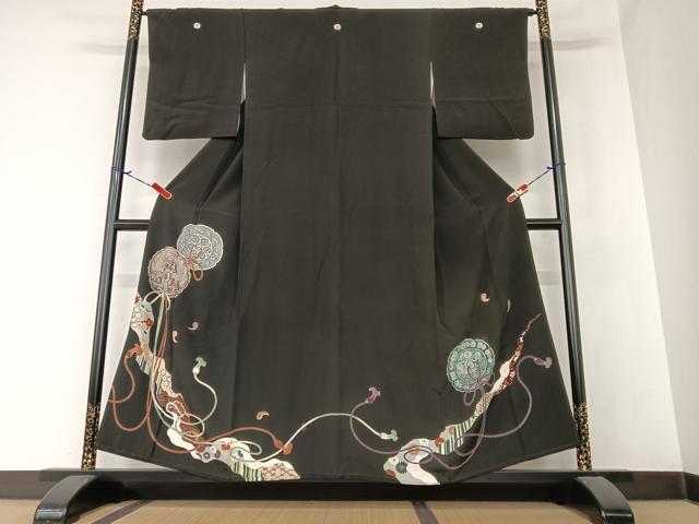 平和屋着物●豪華黒留袖　友禅　駒刺繍　鏡裏双鳥花文　金彩　正絹　逸品　AAAZ7317zg