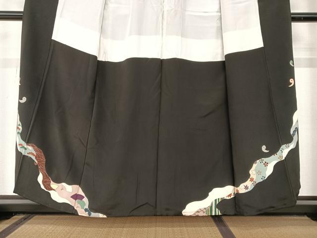 平和屋着物●豪華黒留袖　友禅　駒刺繍　鏡裏双鳥花文　金彩　正絹　逸品　AAAZ7317zg 平和屋着物○豪華黒留袖 友禅 駒刺繍 鏡裏双鳥花文