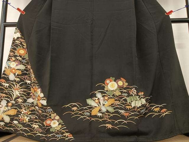 平和屋着物○豪華黒留袖 友禅 駒刺繍 草花文 金彩 正絹 逸品