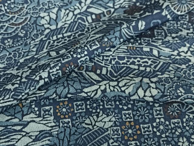平和屋着物●上質な小紋　藍　風景花文　鬼しぼ縮緬　正絹　逸品　AAAZ7373zg