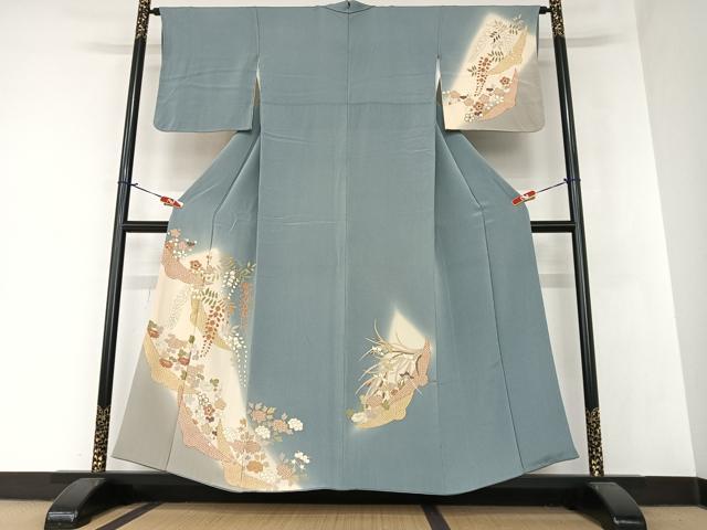 平和屋着物●訪問着　雪輪舞梅文　藤花房　暈し染め　金彩　鬼しぼ縮緬　正絹　逸品　AAAZ7528zg