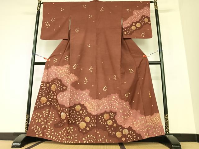 平和屋着物●訪問着　作家物　紬地　手描き　絞り　雲重ね花文　暈し染め　正絹　逸品　AAAZ7530zg