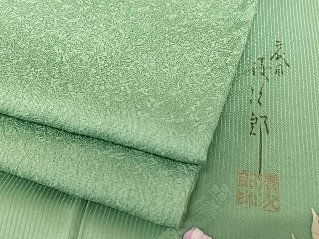 平和屋着物●二代目清次郎　手描き　色無地　花唐草地紋　青鈍色　正絹　逸品　AAAZ7538zg