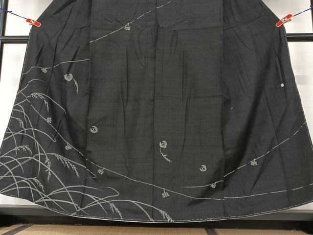 平和屋着物○上質な紬 訪問着 作家物 刺繍 刺し子 稲穂にふくら雀