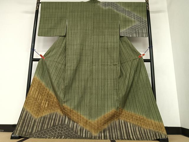 平和屋着物●生紬　訪問着　ろうけつ染め　網目文　縞　ロング丈　正絹　逸品　AAAZ7576zg