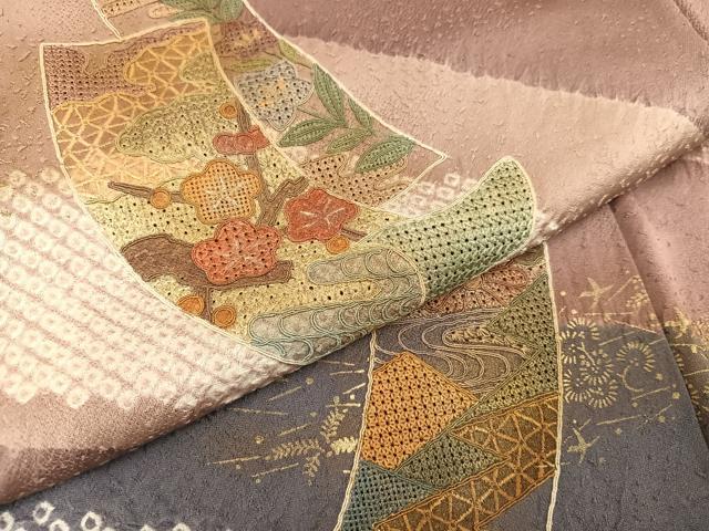 平和屋着物▽本塩沢 訪問着 単衣 作家物 やまだ織 型染 花鳥丸文 正絹