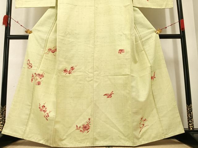 平和屋着物○訪問着 紬地 型染め 花鳥文 金彩 正絹 逸品 未