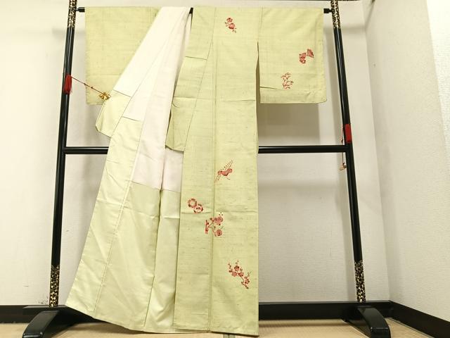 平和屋着物○訪問着 紬地 型染め 花鳥文 金彩 正絹 逸品 未