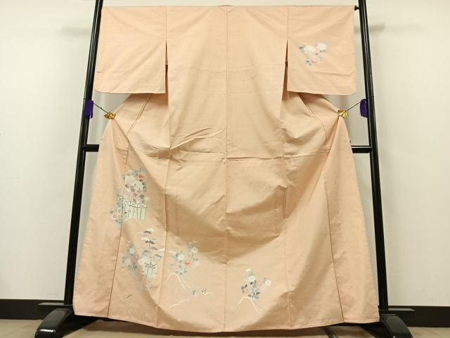 平和屋着物▽訪問着　単衣　紬地　風景花文　正絹　逸品　AAAZ7825jh