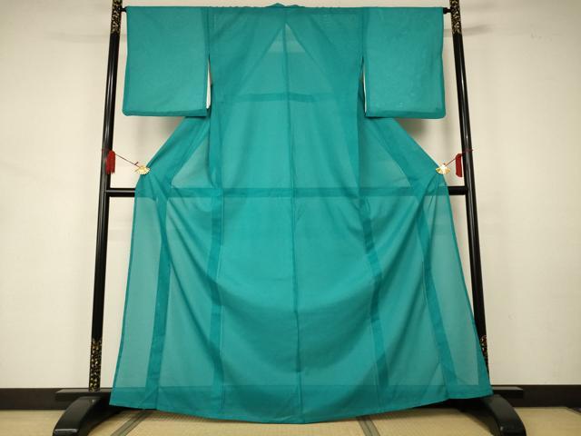 平和屋着物＊夏物　色無地　絽　青緑色　洗える着物　AAAZ8571jd