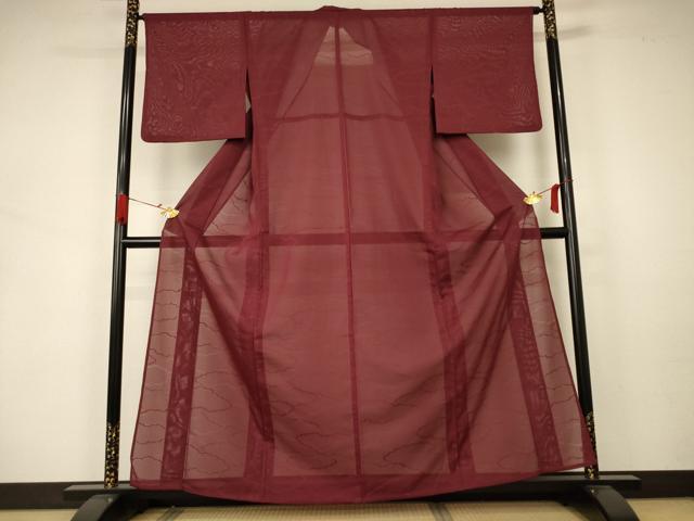平和屋着物＊夏物　色無地　絽　雲取り紋紗　小豆色　洗える着物　AAAZ8572jd