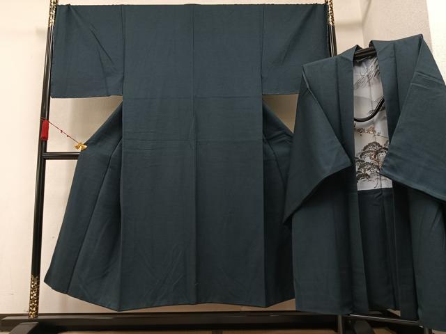 平和屋着物●男性　お召　アンサンブル　色無地　鉄納戸色　正絹　逸品　AAAZ8905ph