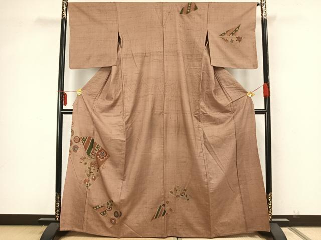 平和屋着物▽訪問着　単衣　生紬地　刺繍　切嵌花文　正絹　逸品　AAAZ9011fy